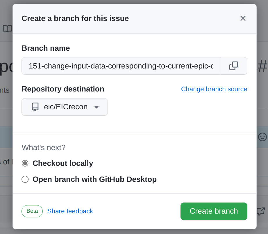 Creating a branch from a GitHub issue, step 2
