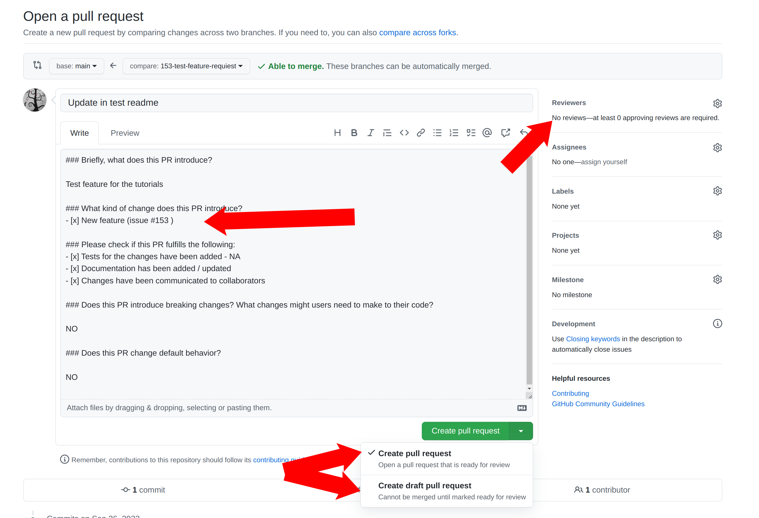 Filling in the pull request information